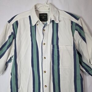 Men's Double Impact Short Sleeve Button Up Shirt M Cream Green Blue Stripe